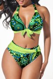 Green Sexy Print Bandage Patchwork Backless Swimwears  (With Paddings)