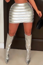 Silver Sexy Casual Solid Patchwork Skinny High Waist Conventional Solid Color Skirts