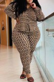 Coffee Casual Print Patchwork Turndown Collar Plus Size Two Pieces