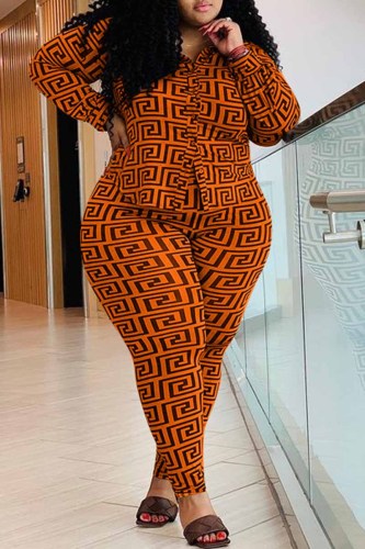Orange Casual Print Patchwork Turndown Collar Plus Size Two Pieces