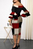 Black Red Casual Print Patchwork Off the Shoulder Pencil Skirt Plus Size Dresses