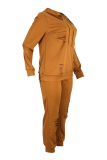 Earthy Yellow Casual Hooded Collar Broken Holes Blending Two-piece Pants Set