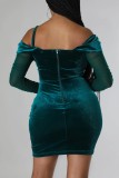 Green Sexy Solid Patchwork Backless Off the Shoulder Long Sleeve Dresses