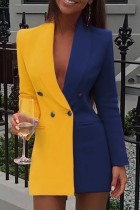 Yellow Casual Solid Patchwork V Neck Long Sleeve Dresses