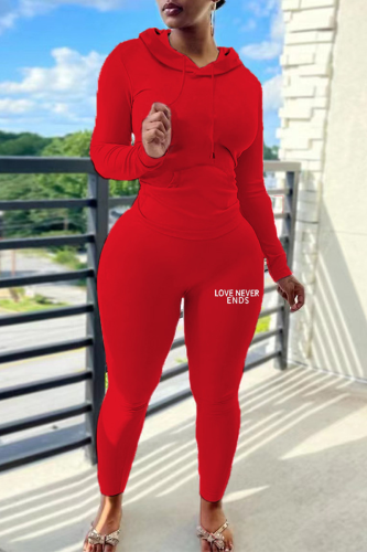 Red Casual Print Letter Hooded Collar Long Sleeve Two Pieces
