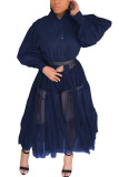 Navy Blue Fashion Casual Patchwork Solid Mesh Without Belt Mandarin Collar Swagger Dresses