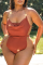 Tangerine Red Sexy Solid Chains Halter Plus Size Swimwear