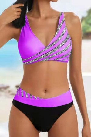 Purple Sexy Print Bandage Patchwork Backless Swimwears (With Paddings)
