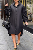 Red Casual Solid Patchwork Buckle Fold Turndown Collar Shirt Dress Plus Size Dresses