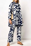 Navy Casual Print Patchwork Shirt Collar Long Sleeve Two Pieces