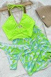 Fluorescent Green Sexy Print Bandage Backless Swimsuit Three Piece Set (With Paddings)