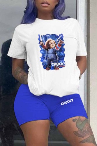 Blue Casual Figure Print Letter O Neck Short Sleeve Two Pieces