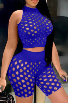 Blue Sexy Solid Hollowed Out O Neck Sleeveless Two Pieces