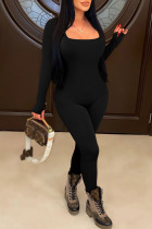 Black Casual Sportswear Solid Patchwork U Neck Skinny Jumpsuits
