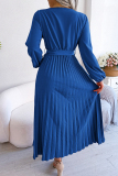 Royal Blue Elegant Solid Frenulum Fold V Neck Pleated Dresses