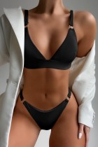 Black Sexy Solid Backless Swimwears Set (With Paddings)