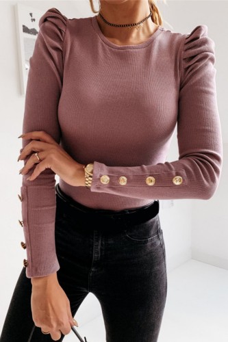 Fuchsia Casual Solid Basic O Neck Tops