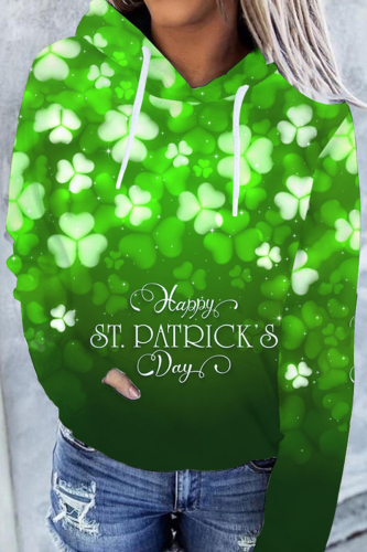 Green Casual Print Patchwork Draw String Hooded Collar Tops