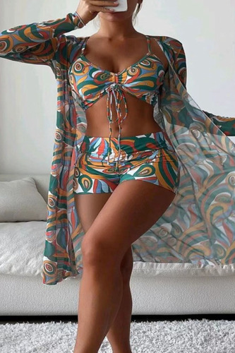 Ink Green Sexy Print Patchwork 3 Piece Sets