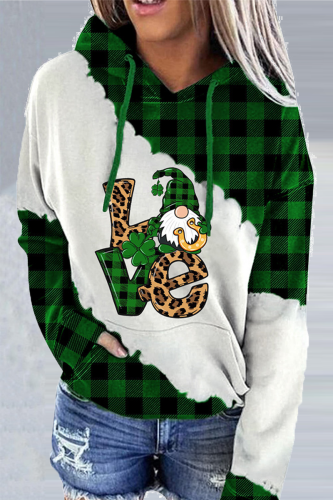 Dark Green Street Print Patchwork Draw String Hooded Collar Tops