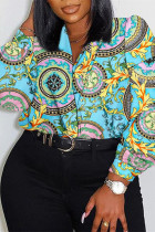 Blue Casual Daily Patchwork Print Patchwork Basic Printing Shirt Collar Plus Size