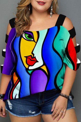 Plus Size Blue Casual Print Hollowed Out Patchwork O Neck T-Shirts