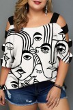 Plus Size Red Casual Print Hollowed Out Patchwork O Neck T-Shirts