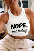 White Casual Letter Print Basic O Neck Tops