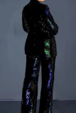 Black Casual Solid Sequins Patchwork Buttons Turn-back Collar Long Sleeve Two Pieces
