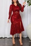 Red Celebrities Elegant Solid Patchwork V Neck Trumpet Mermaid Dresses