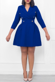 Blue Casual Solid Patchwork Turndown Collar A Line Dresses