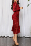 Red Celebrities Elegant Solid Patchwork V Neck Trumpet Mermaid Dresses