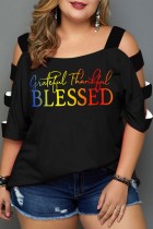 Plus Size Black Yellow Casual Print Hollowed Out Patchwork O Neck T-Shirts