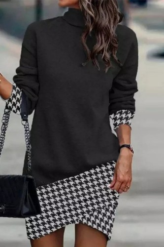 Black Casual Print Patchwork Turtleneck Long Sleeve Dresses