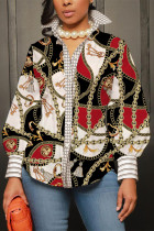 Gold Casual Print Basic Shirt Collar Tops