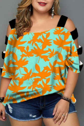 Plus Size Orange Casual Print Hollowed Out Patchwork O Neck T-Shirts