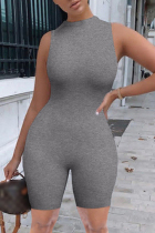 Grey Casual Solid Basic O Neck Skinny Romper