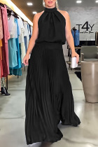 Black Casual Solid Patchwork Backless Fold Halter Straight Dresses