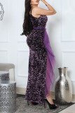 Purple Elegant Solid Sequins Patchwork Slit Asymmetrical Collar Straight Dresses