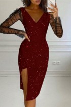 Burgundy Sexy Patchwork Sequins See-through V Neck Long Sleeve Dresses
