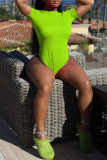 Fluorescent Green Sexy Solid Backless Short Sleeve Swimwears (Without Paddings)