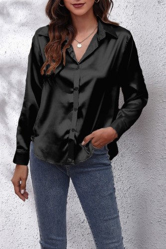Black Casual Solid Basic Shirt Collar Tops