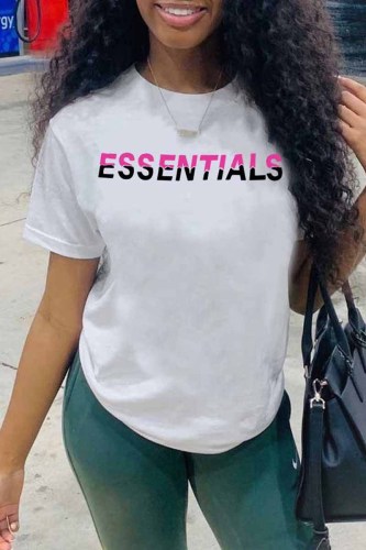 White Casual Print Letter O Neck T-Shirts
