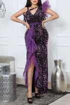Purple Elegant Solid Sequins Patchwork Slit Asymmetrical Collar Straight Dresses