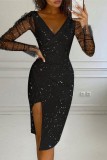Green Sexy Patchwork Sequins See-through V Neck Long Sleeve Dresses