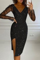 Black Sexy Patchwork Sequins See-through V Neck Long Sleeve Dresses
