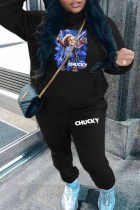 Black Casual Figure Print Patchwork Letter Hooded Collar Plus Size Two Pieces