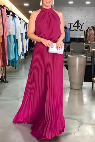 Rose Red Casual Solid Patchwork Backless Fold Halter Straight Dresses