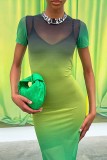 Green Sexy Gradual Change Print See-through O Neck Short Sleeve Dress Dresses