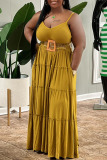 Earth Yellow Casual Solid Patchwork Spaghetti Strap Straight Plus Size Dresses